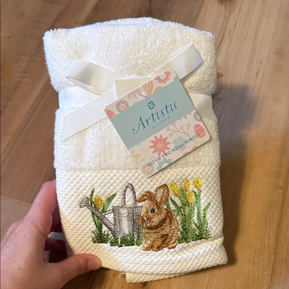 Artistic Accents Embroidered White Hand Towels - Bunny & Watering Can